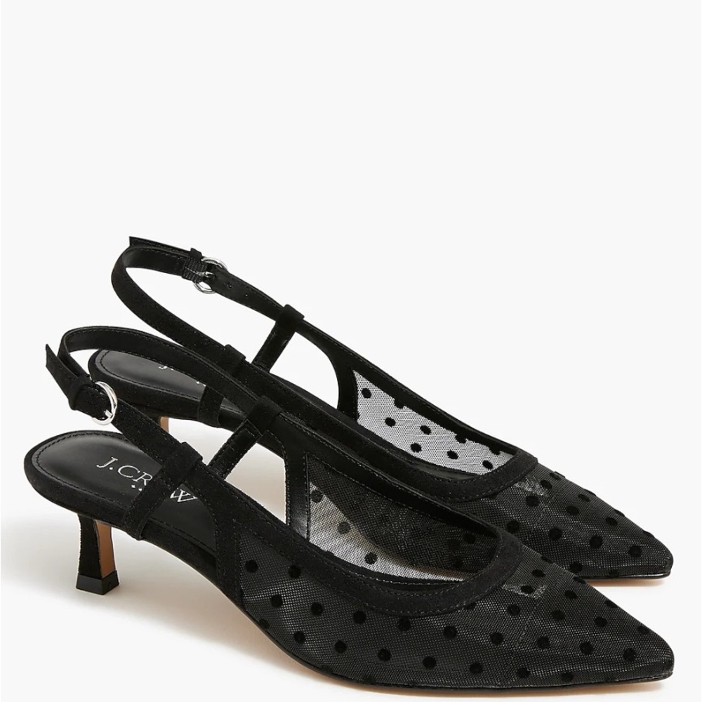 Brand new JCrew Black mesh polka dot sling back heels